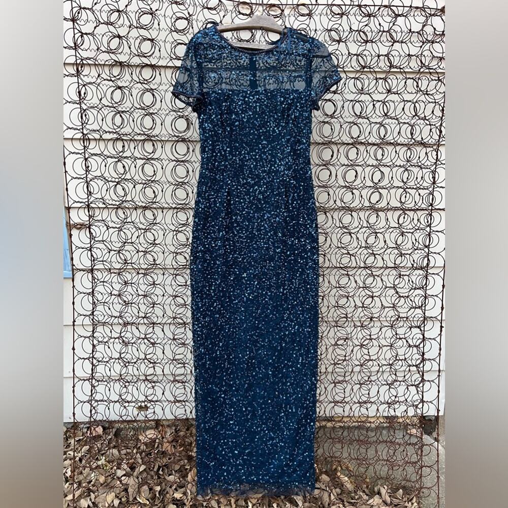 Adriana Papell Navy Blue Bead Sequin Long Formal Short Sleeve Glam Gown Size 8